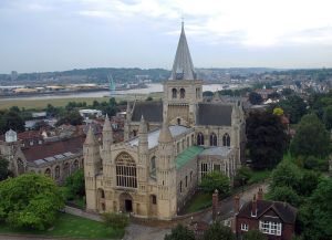 Rochester Cathedral as viewed from the castle tower.