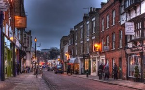 A Victorian shopping street right out of Dicken Christmas Carol.