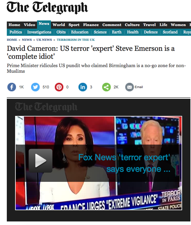 British Prime Minister calls Fox News expert Steve Emerson a "Complete Idiot"