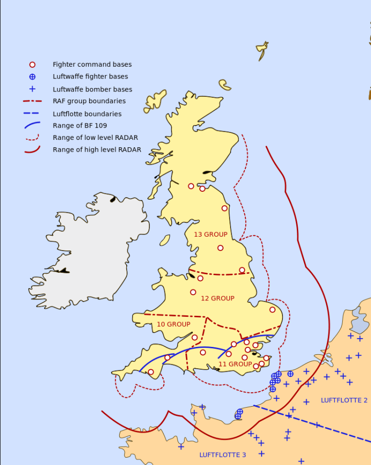 Map showing the radar coverage and RAF airfields during the Battle of Britain.