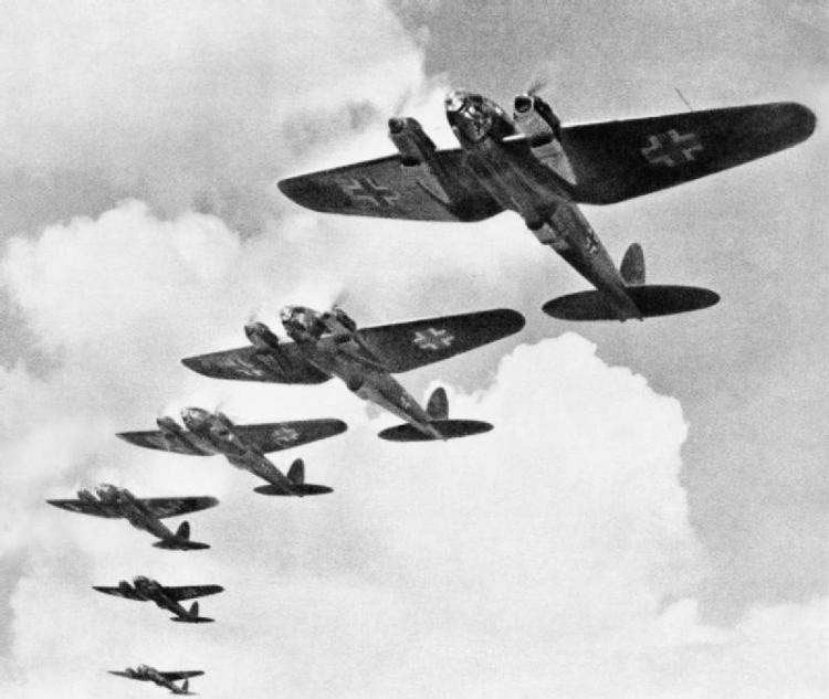 A squadron on Heinkel HE 111 flying over southern England during the Battle of Britain