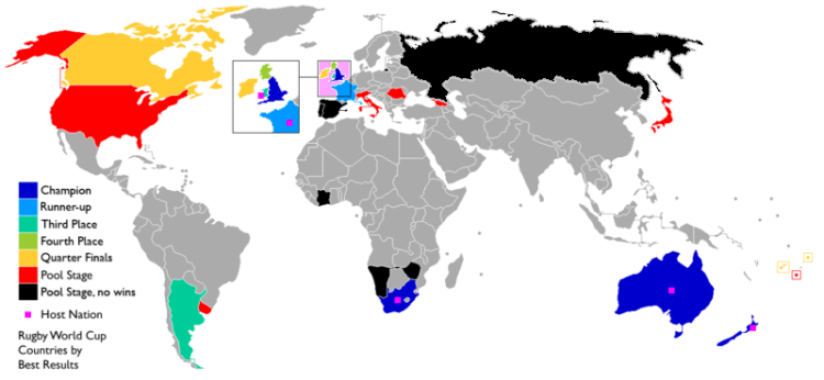 Map showing the best results of the competition nations in the 2015 Rugby World Cup.