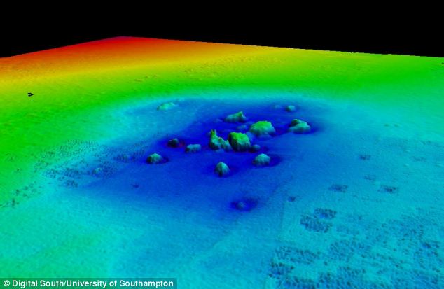 Sonar images displaying buildings and streets of old Dunwich, 30 feet beneath the sea.