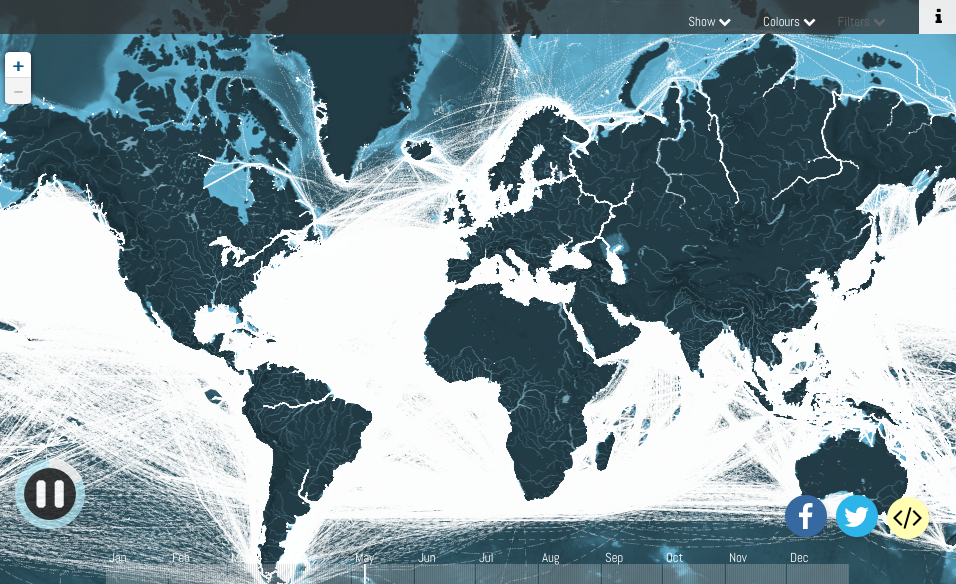 This map shows just how much of the worlds oceans are covered in trade routes. Notice also the major rivers in Russia & South America that are full of cargo ships. The Suez and Panama Canals and the route between the North American Great Lakes and the Atlantic. Britain is almost obliterated by cargo ports and estuaries.