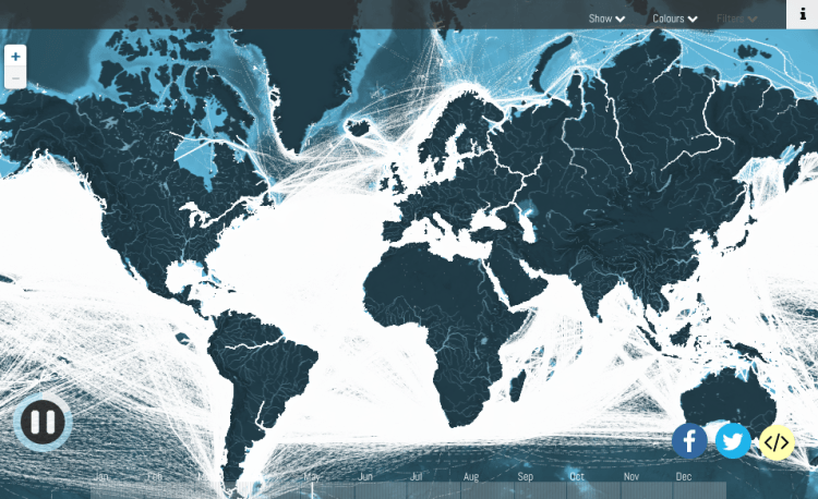 This map shows just how much of the worlds oceans are covered in trade routes. Notice also the major rivers in Russia & South America that are full of cargo ships. The Suez and Panama Canals and the route between the North American Great Lakes and the Atlantic. Britain is almost obliterated by cargo ports and estuaries.