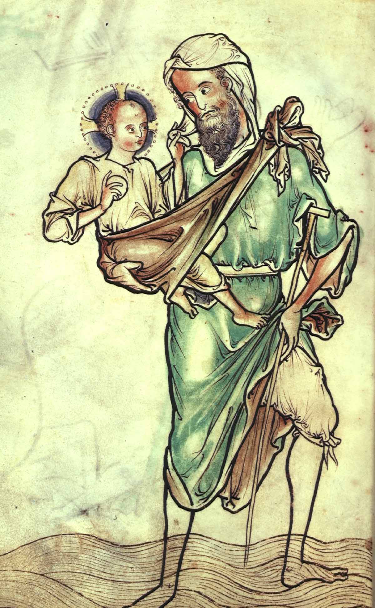 An image of Saint Christopher taken from the Westminster Psalter (book of Psalms) and circa 1200AD