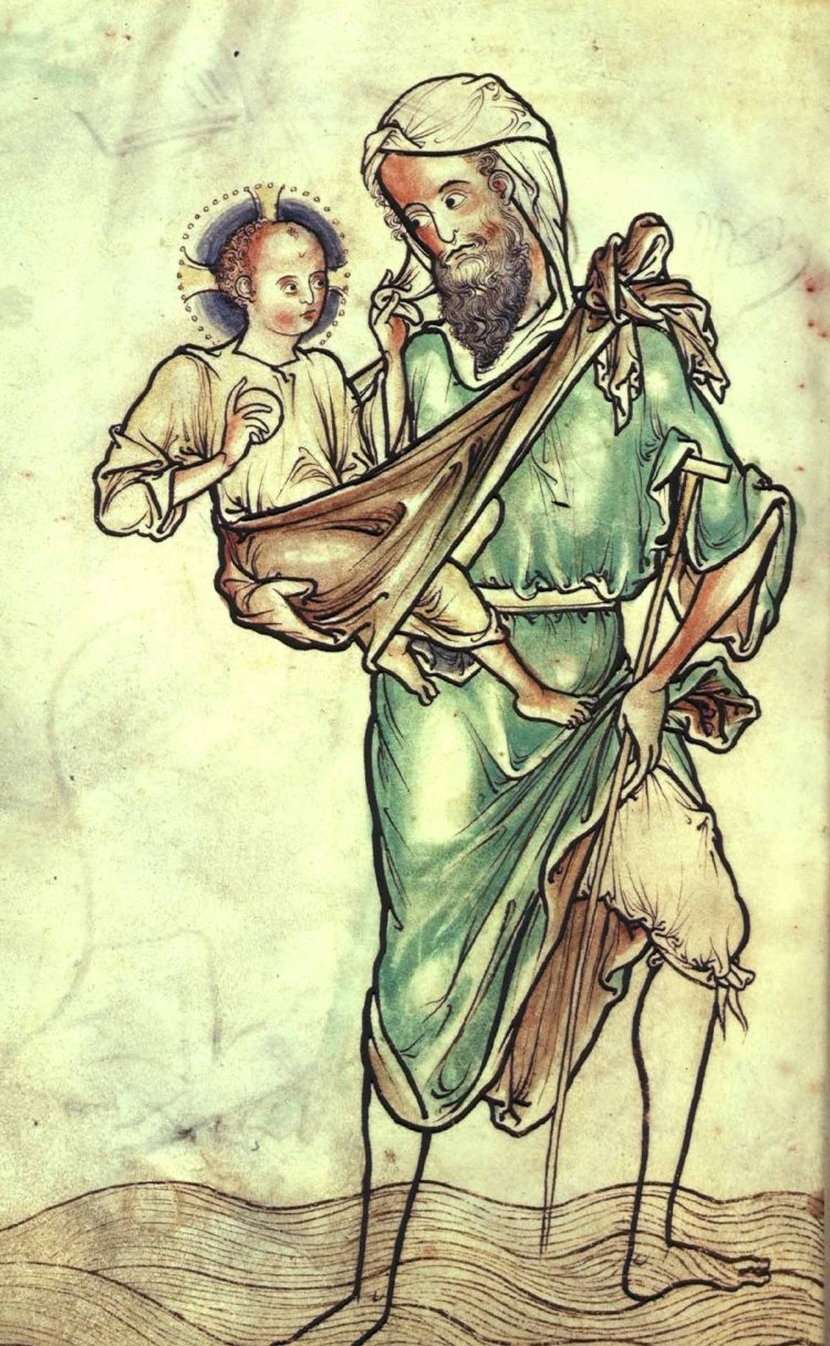 An image of Saint Christopher taken from the Westminster Psalter (book of Psalms) and circa 1200AD