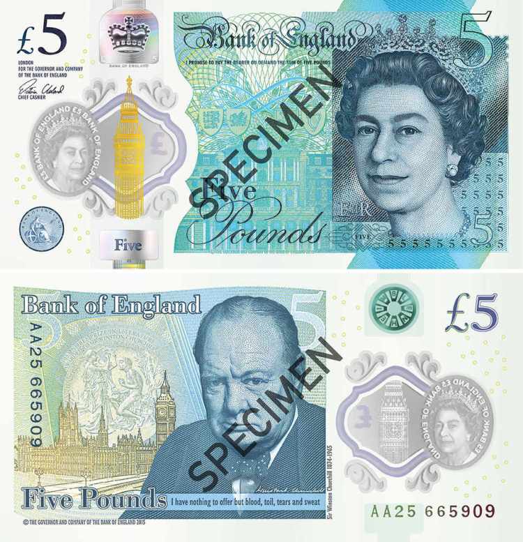 Sir Winston Churchill features on the new Polymer £5 note.