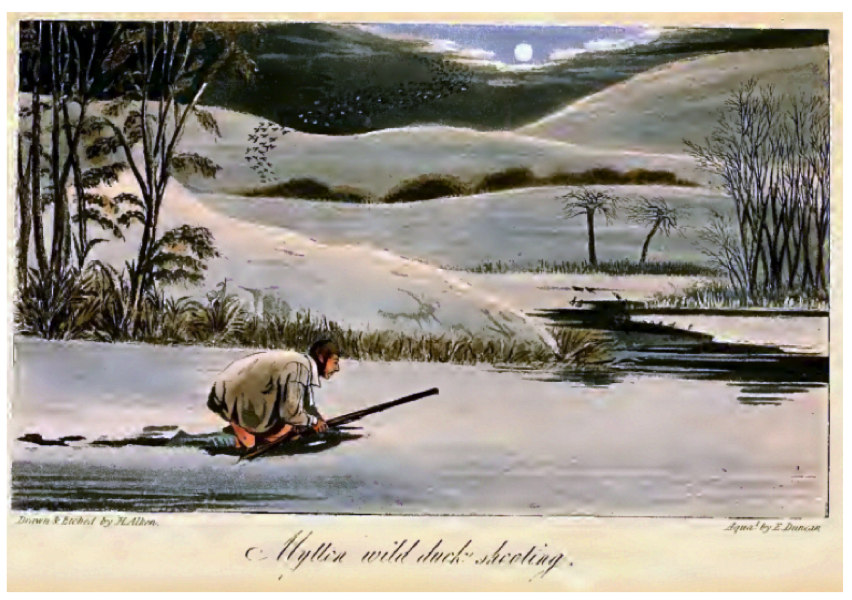 A scantily dressed John Mytton goes out duck shooting in the night through the snow to a frozen lake.
