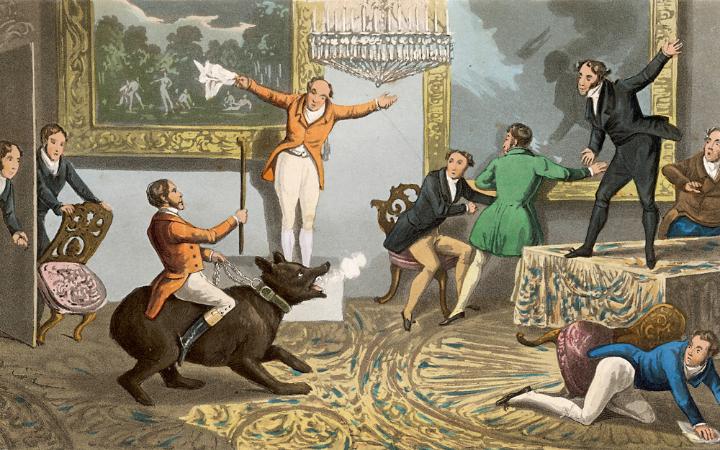 John Mytton rides a bear around his country hall to entertain friends before getting bitten on the calf.