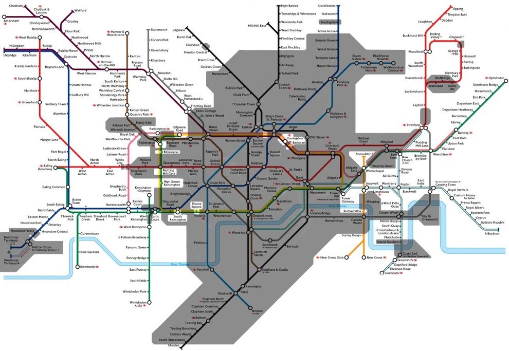 Dark areas indicate the tunneled sections of London Underground. Map from Londontopia.net