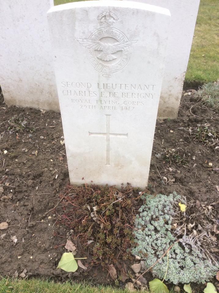 Fighter pilot Charles F. De Berigny of the Royal Flying Corps who claims he shot up the plane of the Red Baron upon the plane of my relation Reuel Dunn crash land near Givenchy-En-Gohelle. Charles was sadly killed in action 3 weeks later.
