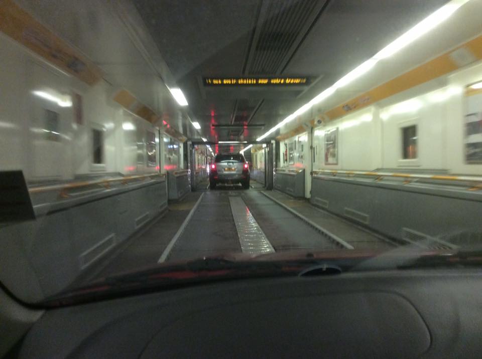Driving in the train that will take us under the English Channel