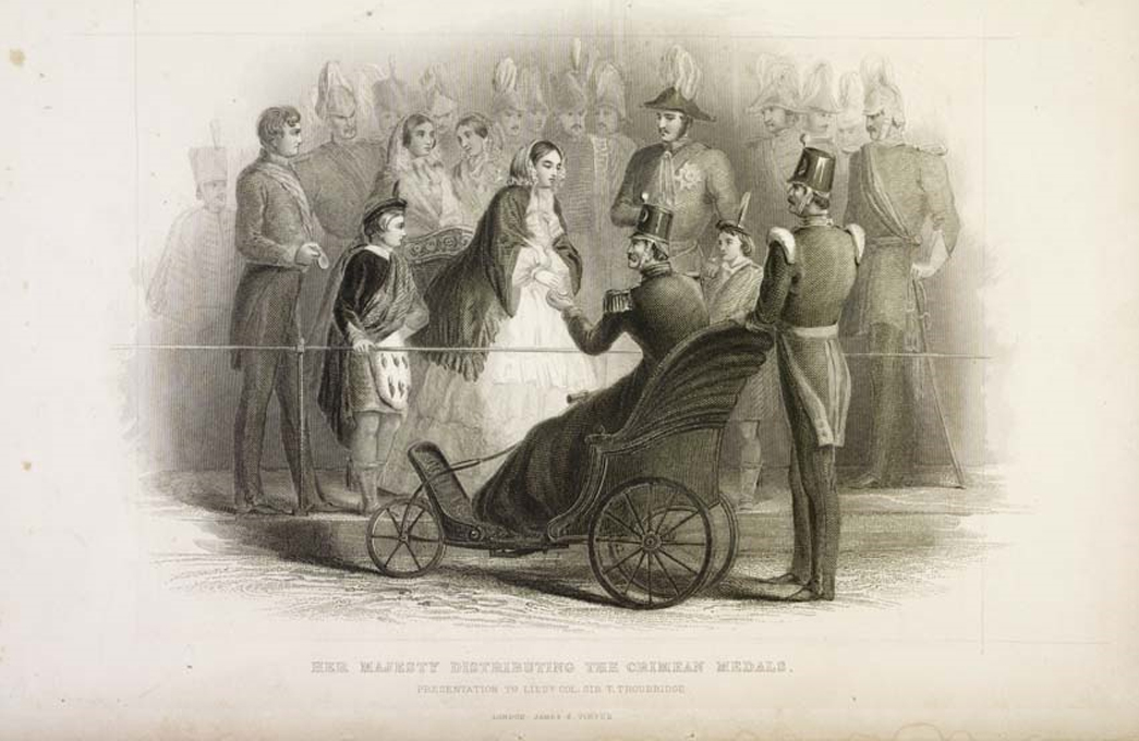 Her Majesty Queen Victoria distributing the Crimean Medals to the distinguished​ recipients. The engraving from the Museum Of London.