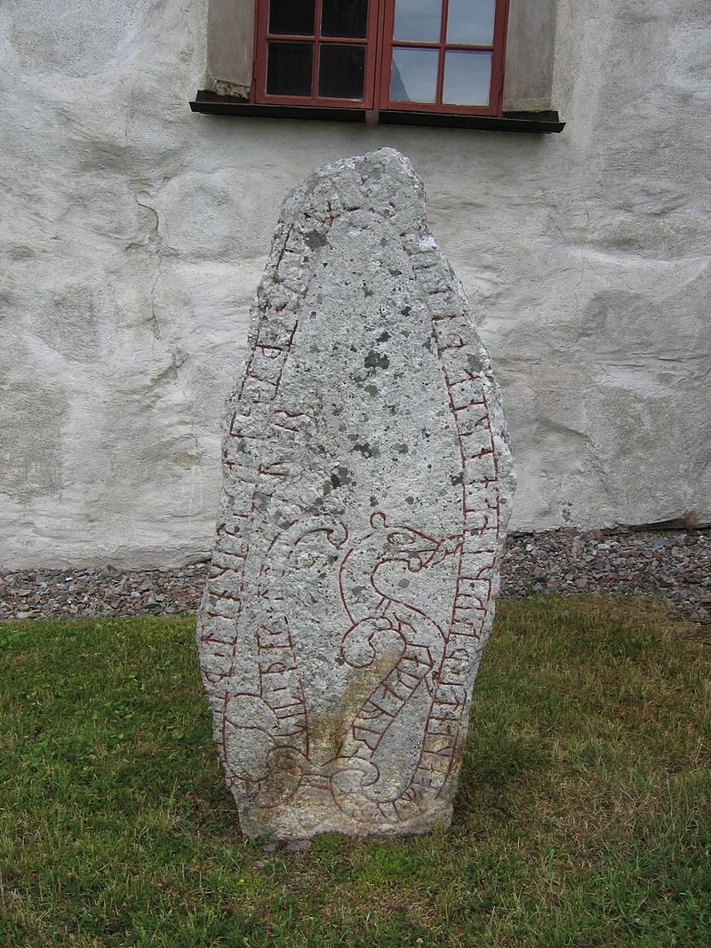 A Viking Rune Stone in Sweden commemorating the Danegeld that had been recently won in England. Photo by Berig.