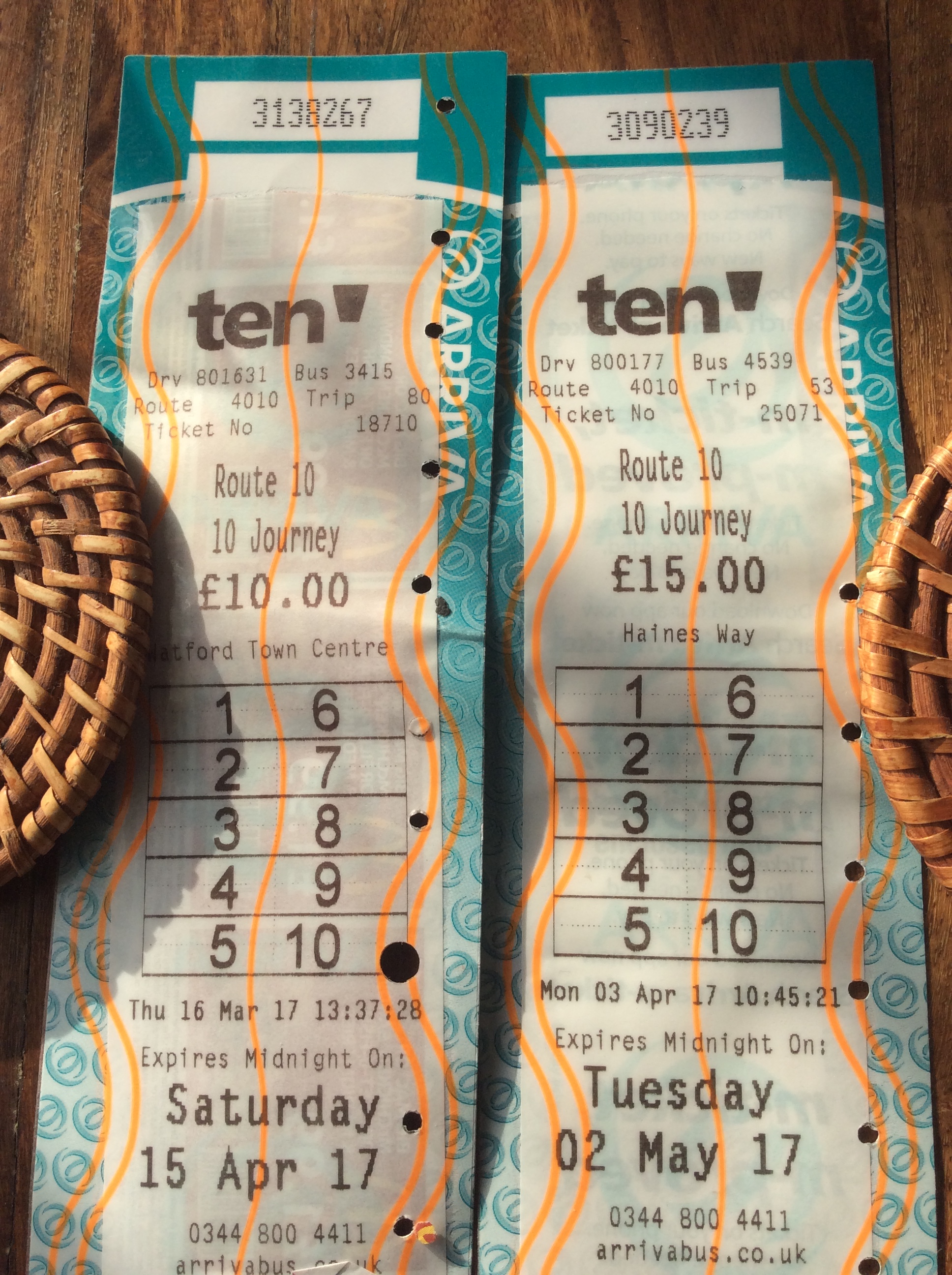 My last bus ticket on the left costing £10, my new bus ticket on the right costing £15!!