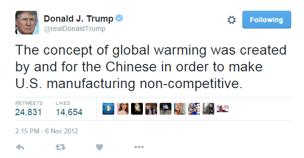 Unlike Mr. Trump, I was aware of global warming by about the age of 8 in the early 1980's... long before China became the power it is today and when it was against environmental measures as much as the USA is.