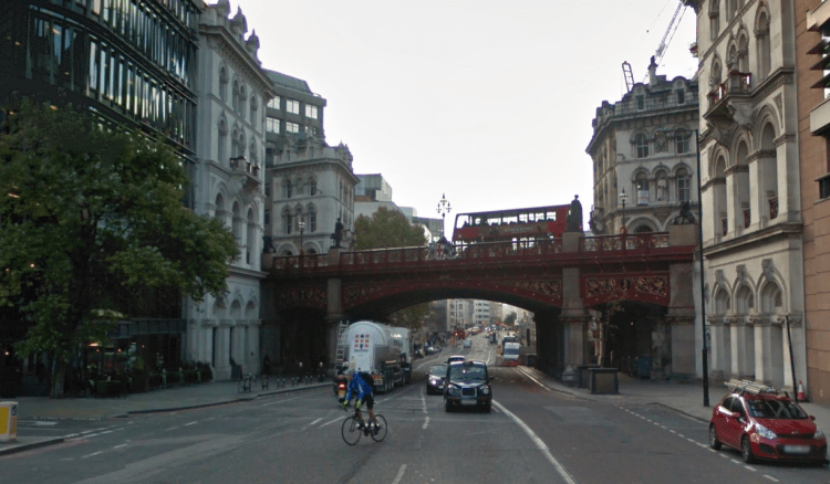 Holborn Viaduct. The River Fleet used to run where Farringdon Street now is.