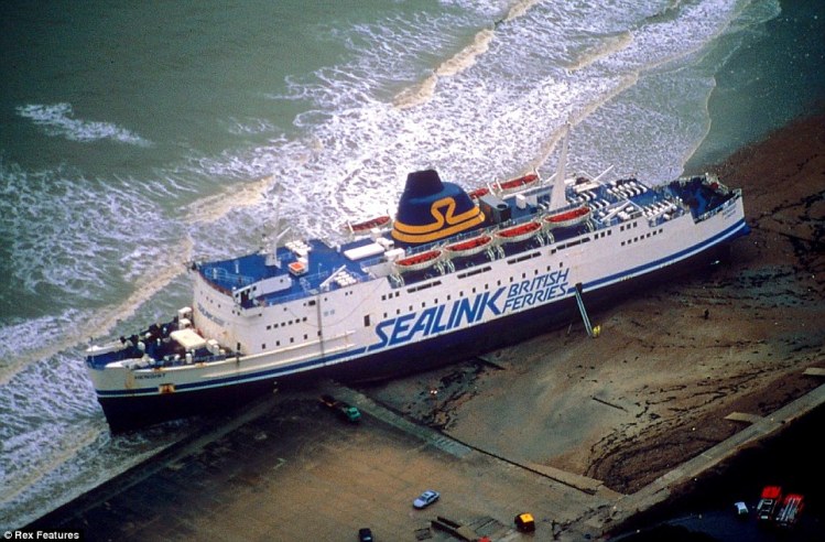 Large passenger ferries and cargo vessels were washed ashore along the south coast.