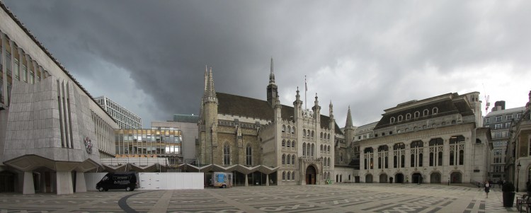 London Guildhall with outline of the London Ampitheatre on Guildhall yard     Photo by 3BRBS