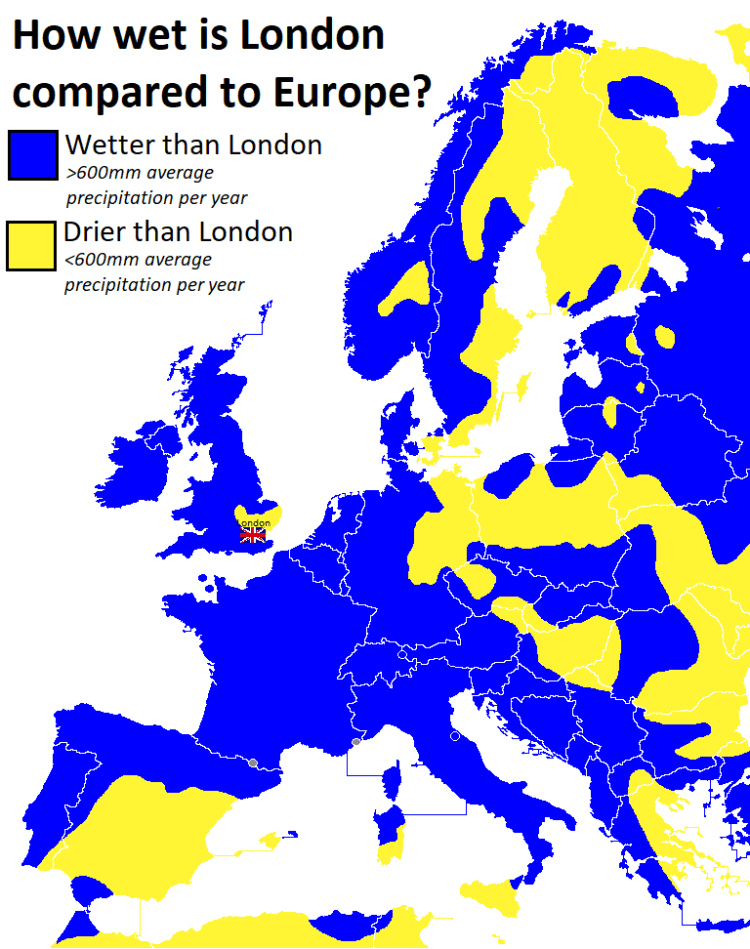 How wet is London compared to Europe?