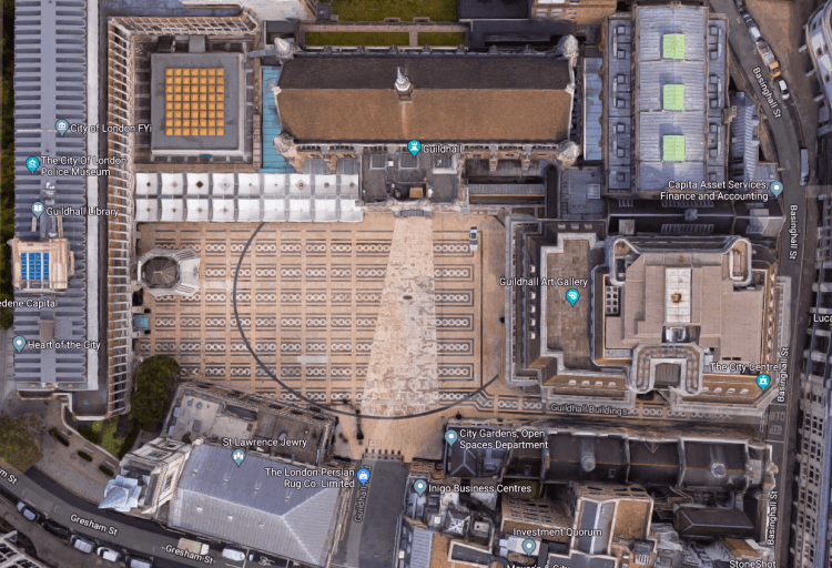 The outline of the London Coliseum in the Guildhall Yard from above