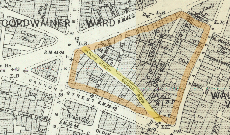 The ancient thoroughfare of Watling Street which dates from at least Roman times was temporarily lost due to construction in the 1960's but now returns in the form of the Bloomburg Arcade.