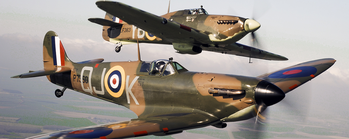 Spitfire P7350, flies alongside Hurricane LF363.