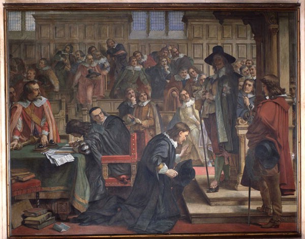 This painting shows King Charles I standing by the chair of the Speaker of the House.  William Lentall gives him due honour whilst simulataenously defying the King.