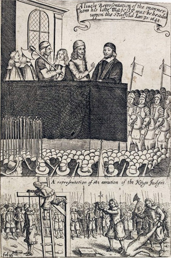 Contemporary print of the execution of King Charles and latterly The Regicides.