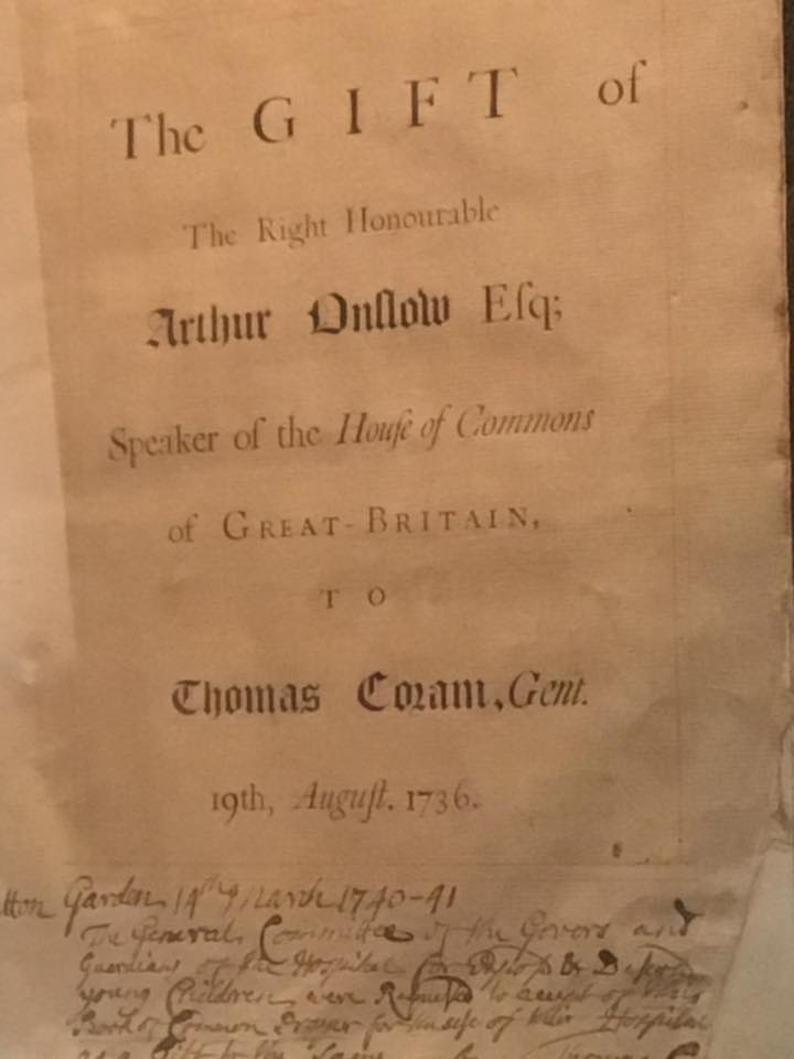 This prayer book was given to Thomas Coram by the Speaker of the House of Commons, Arthur Onslow Esquire.