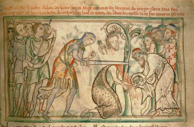 An old drawing of St Albans being executed. Note how the executioner has lost his eyes!